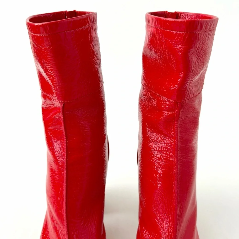 CHANEL | Red Patent Leather CC Logo Block Heel Ankle Boots EU 37.5